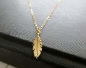 Tiny feather necklace, golden bronze feather charm, 14k gold filled delicate chain, nature, wing, leaf, great for layering