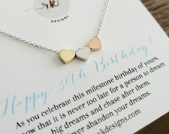 30th birthday gift for women, three mixed metal heart necklace 30th birthday gift for friend 30 year old milestone representing three decade