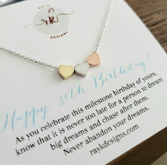 30th Birthday Gift for Women Three Mixed Metal Heart Necklace