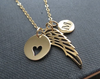 Personalized angel wing necklace, angel wing charm and initial, memorial jewelry, monogram, in loving memory, remembrance, sympathy gift