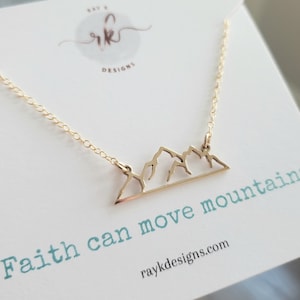 Faith can move Mountain-ketting, hoop, aanmoedigingscadeau, inspirerende sieraden, nieuwe uitdaging, christelijke dochter-boodschapkaartsieraden
