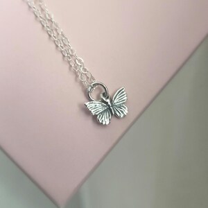 Puede incluir: Un collar de color plateado que presenta una cadena delicada y un pequeño colgante de mariposa detallado. El dije de mariposa tiene alas texturizadas con líneas visibles y está unido a la cadena mediante una argolla circular, creando una joya.