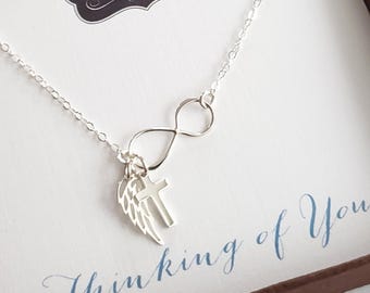 Collana commemorativa con ali d'angelo e croce, regalo per la perdita di una persona cara, dolore, aborto spontaneo