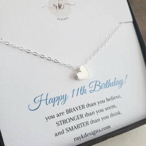 11th birthday girl gifts, small heart bead necklace, silver rose gold charm, happy eleventh birthday gift, eleven year old daughter niece