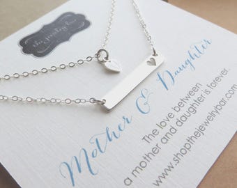 Mothers day gift mom daughter silver heart cutout bar necklace gift set mommy and me necklace bar pendant