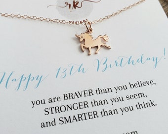 13th birthday gift, Rose gold unicorn necklace, birthday gift for 13 year old girl unicorn gift, thirteenth birthday, kids, childrens