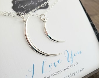 Mother daughter celestial jewelry, Skinny crescent small large moon necklace set, I love you to the moon and back mom Christmas gift