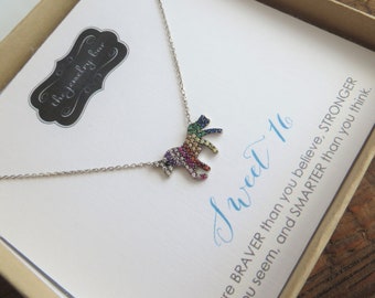 Rainbow unicorn necklace, birthday gift for little girl, kids unicorn gift, colorful rhinestone unicorn pendant, unicorn theme birthday gift