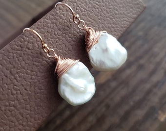 Keishi pearl earrings, rose gold wire wrapped baroque pearl earrings, freshwater pearl dangle, organic, gift for her, bridesmaid, friend