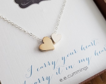 Collana per aborto spontaneo, ciondolo doppio cuore misto, collana "Porto il tuo cuore", messaggio per la perdita di un bambino, regalo di condoglianze per la festa della mamma.