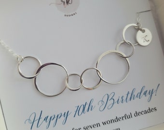 70th birthday gift for women, seven ring necklace, initial charm, 70th birthday jewelry for her