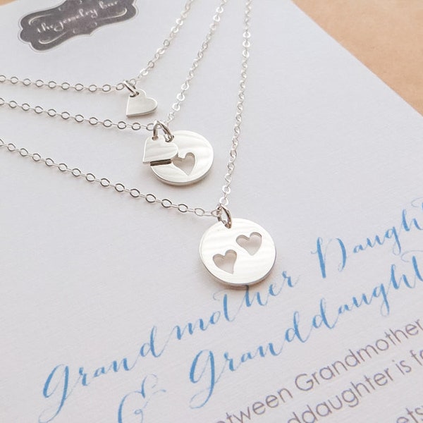 First time Grandma gift, Grandmother mother granddaughter necklace, birthday granny gift, set of 3 heart cutout charm, generations jewelry