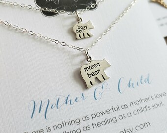 New mom gift, Mama bear baby bear necklace, sterling silver set of 2, mommy and me jewelry, first mothers day expecting mom gift, mom& son