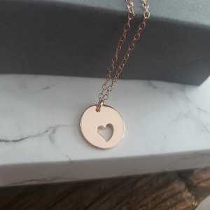 teen girl gift, rose gold heart cutout disk necklace, teenager tween girl jewelry, teenage birthday gift, sweet 16, 13th  tween
