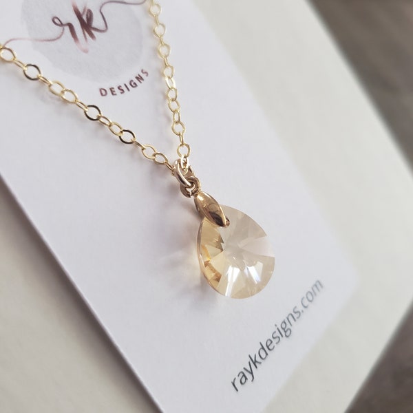 Golden shadow Swarovski crystal necklace, champagne solitaire single drop crystal, bridesmaid gift