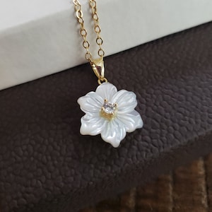 Mother of pearl flower pendant necklace, white blossom charm, gift for her, floral botanical wedding jewelry