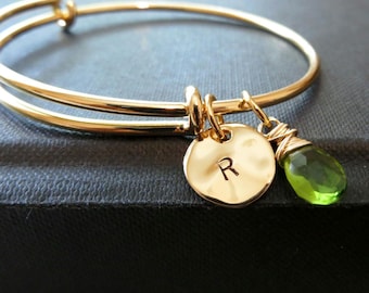 Initial birthstone adjustable bangle bracelet personalized gold bangle multiple initial charm jewelry mother grandma gift