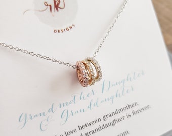 Three generations necklace gift for grandmother 3 cubic zirconia mixed color eternity rhinestone circle ring necklace women mom gift idea