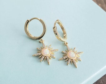 gold starburst huggies earrings, starburst opal hoop, fashion jewelry