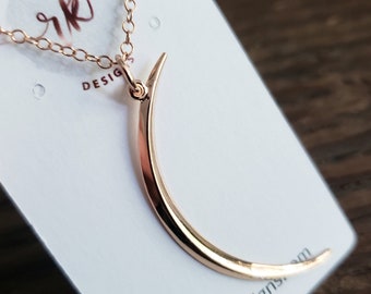 Skinny ridged moon necklace, rose gold Crescent moon necklace, celestial jewelry, long chain available, gift for women