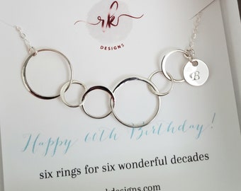 Sixties birthday gift for women, initial tag six rings necklace, 60 year old aunt personalized 60th birthday gift for mom, 6 decade jewelry