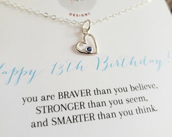 13th birthday girl gift, birthstone open heart necklace, thirteenth, 13 year old niece gift, granddaughter daughter bar mitzvah