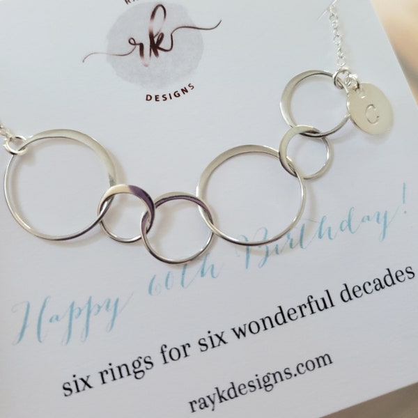 60th birthday gift for women, six ring necklace with initial tag