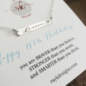 18th birthday gift, engraved name bar with heart cutout necklace, sterling silver 18 year old daughter gift, eighteenth bday present, love