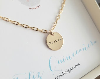 Minimalist name tag necklace, 18k gf simple dainty laser engraved name necklace, personalized Feliz Quinceañera gift, 15th birthday girl