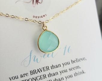 Sweet 16 gift, Aqua blue bezel necklace, sweet sixteenth birthday gift for daughter, sweet 16 jewelry gift, 16 year old niece birthday