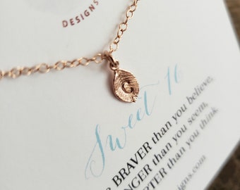 Sweet 16 gift necklace, tiny initial leaf necklace, rose gold or silver, adorable charm, 16th birthday gift, gift for daughter, girl, niece
