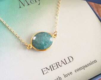 May birthstone necklace, sideway emerald gemstone bezel charm, May birthday gift and card, green emerald