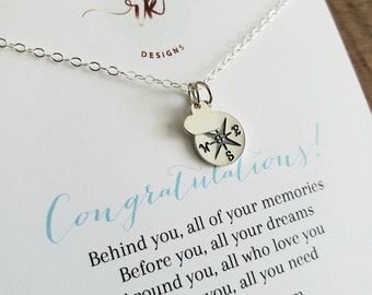 Graduation gift for her, rose gold compass heart necklace, engraving, high school graduate student, engraved Congratulations gift