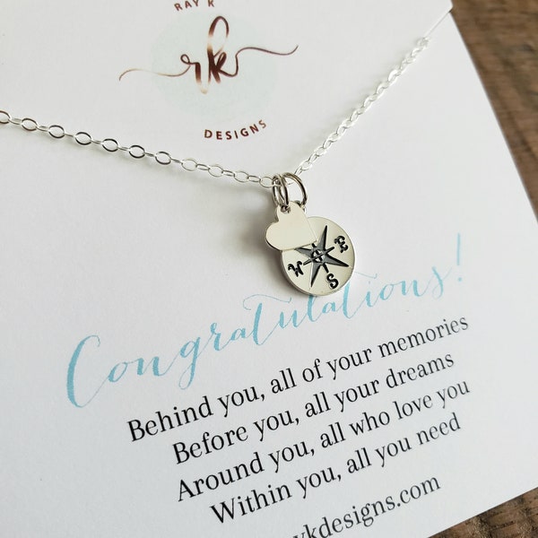 Graduation gift for her, rose gold compass heart necklace, engraving, high school graduate student, engraved Congratulations gift