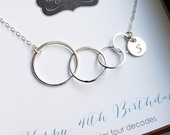 40th birthday gift for women sterling silver four ring initial necklace turning 40 year old gift 4 decades Milestone jewelry gift for her