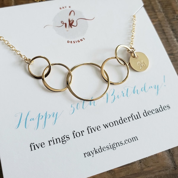 50th birthday gift for women, initial 5 ring necklace, 50th birthday, 50 year old aunt, personalized 50th birthday friend gift, five decades