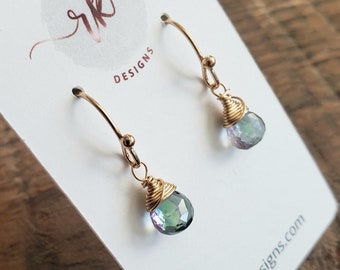 Tiny mystic topaz earrings, rainbow hue heart briolette earrings, wire wrapped gemstone dangle, dainty, gift for her, ook