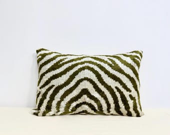 Green Zebra Ikat Velvet Lumbar Pillow Cover: Handmade Silk Cushion (14x24)