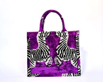 Purple Velvet Ikat Tote Bag: Handwoven Silk Zebra Print Boho Shopper