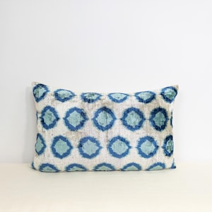 Blue Velvet Ikat Pillow Cover | Handmade Uzbek Silk Cushion | Boho Lumbar Decorative Pillow | 16x24 |ikat pillow | ikat cushion | ikat