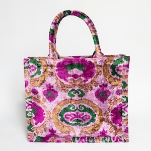 Velvet Ikat Tote Bag | Magenta & Green Handwoven Shoulder Bag | Uzbek Fabric Purse | Boho Ethnic Market Bag