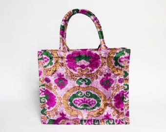Velvet Ikat Tote Bag: Handwoven Uzbek Fabric Shoulder Bag