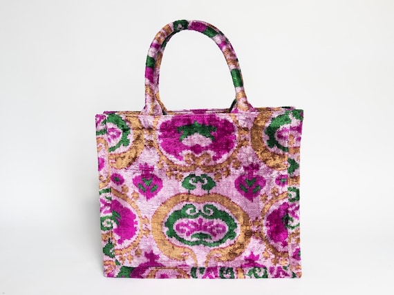 Velvet Ikat Tote Bag: Handwoven Uzbek Fabric Shoulder Bag