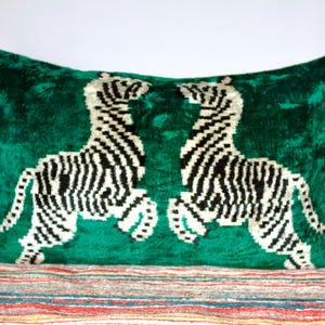 Velvet Ikat Pillow with Zebra Pattern – Green Silk Cushion Cover – Boho Animal Print Throw Pillow – Ikat Handmade Textile Decor