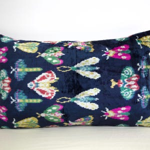 Colorful Velvet Ikat Pillow Cover | Handwoven Uzbek Silk Cushion | Moth Pattern Decorative Throw Pillow | Navy velvet pillow covers | Ikat