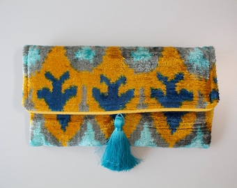 Handwoven Ikat Velvet Clutch: Turquoise, Mustard & Blue Uzbek Bag