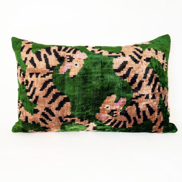 Handmade Ikat Velvet Pillow Cover: Green Tiger Design Silk Cotton Cushion