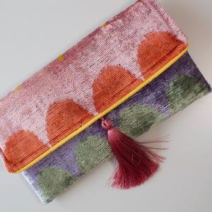 Velvet Ikat Clutch Bag: Handwoven Silk Foldover Purse with Tassel
