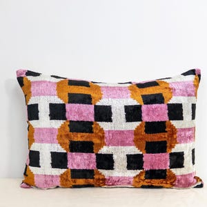 Velvet Ikat Pillow Cover 40x60 | Handmade Silk Cushion | Boho Throw Pillow | Pink Orange Black Geometric Pattern