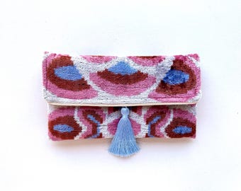 Handwoven Silk Velvet Ikat Clutch: Boho Evening Bag with Tassel